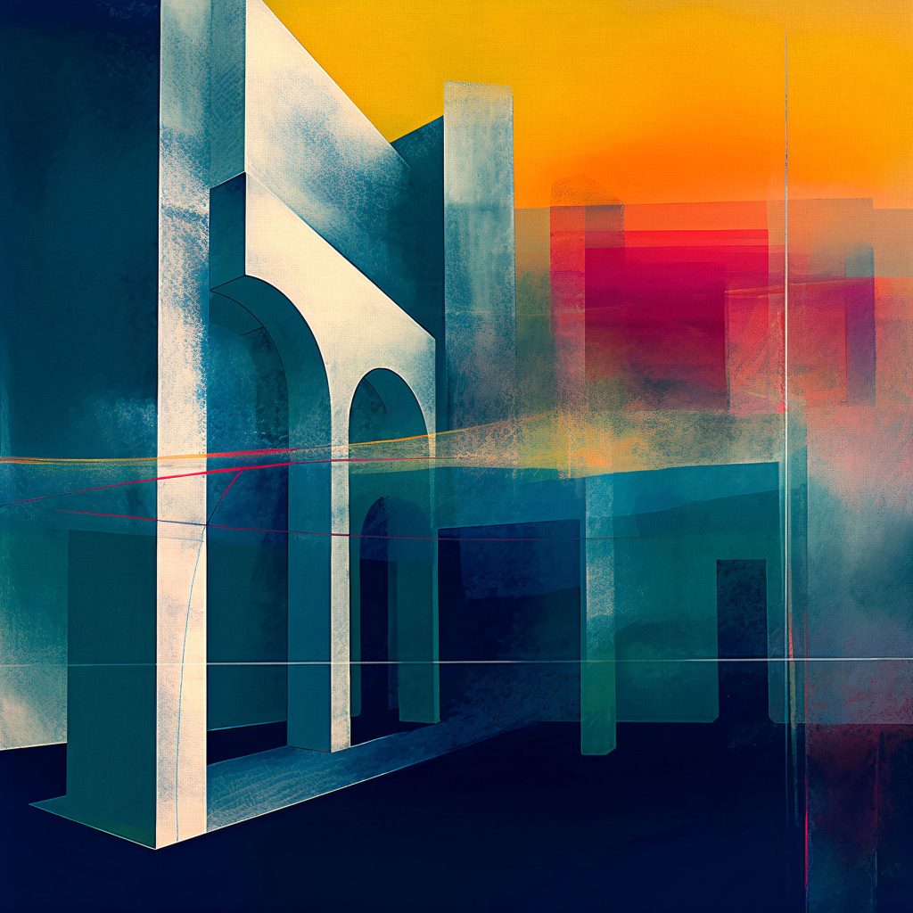 A painting with abstracted architectural forms with dominant blue palette and magenta, red and orange as accent colors